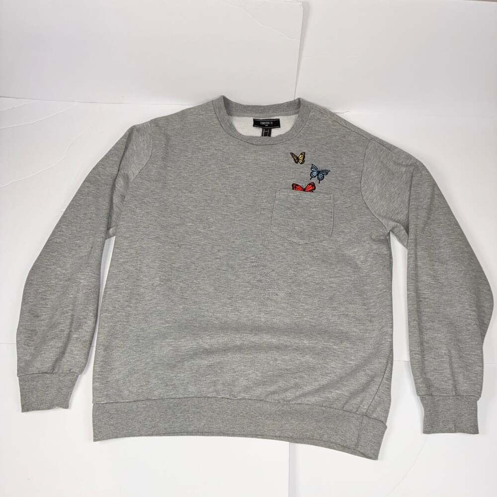 Forever 21 Men's Gray Embroidered Butterfly Pocket Crewneck Sweatshirt